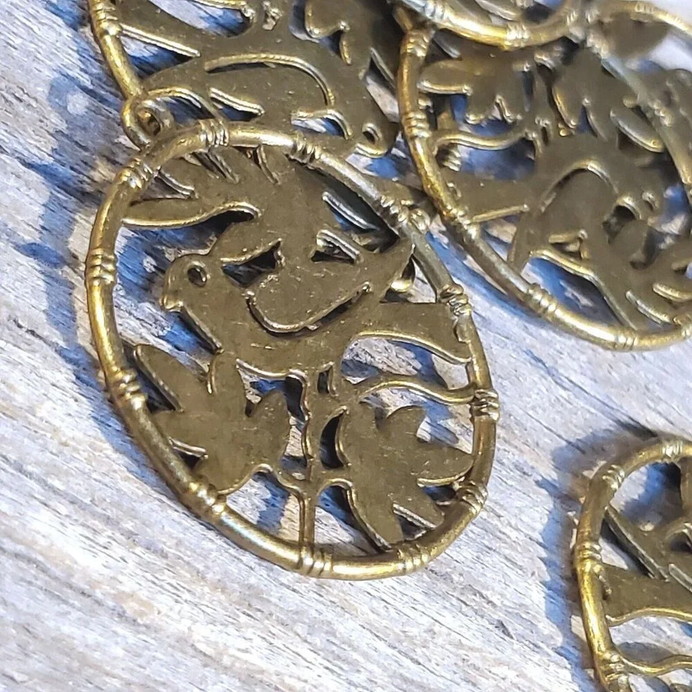 Lot Antiqued Bronze Pewter Dove of Peace Bird Olive Branch Pendants 2 pcs